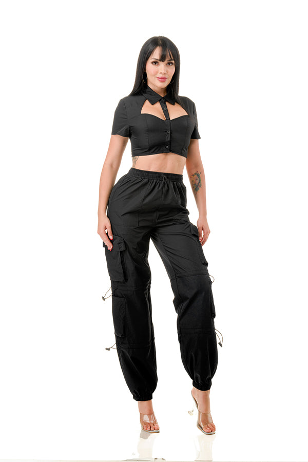 TP1289 - Button Up Collared Crop Top and Jogger Cargo Pants Set