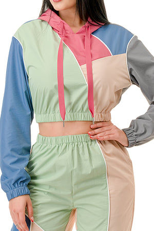 TP1311 - Colorblock Hooded Crop Top and Pants Set