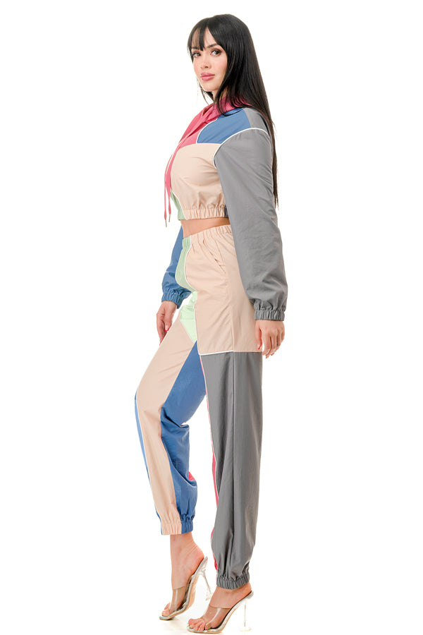 TP1311 - Colorblock Hooded Crop Top and Pants Set