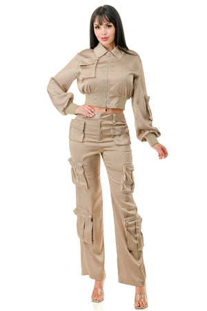 TP1330 - Rib Band Detailed Jacket and Cargo Pants Satin Set