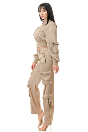 TP1330 - Rib Band Detailed Jacket and Cargo Pants Satin Set