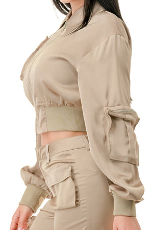 TP1330 - Rib Band Detailed Jacket and Cargo Pants Satin Set