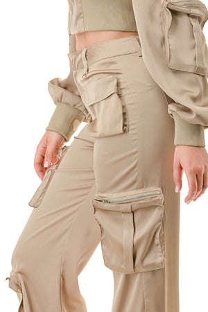 TP1330 - Rib Band Detailed Jacket and Cargo Pants Satin Set