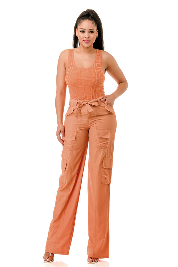 TP1070 - Textured Bodysuit and Woven Cargo Pants Set