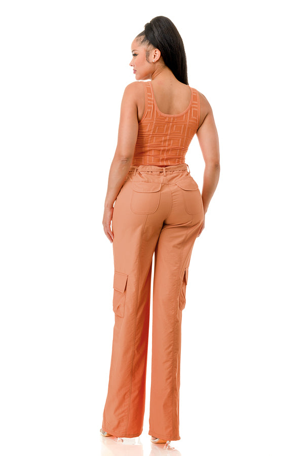 TP1070 - Textured Bodysuit and Woven Cargo Pants Set