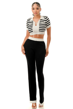 TP1411 - Collared Striped Crop Top and Wide Leg Pants Set