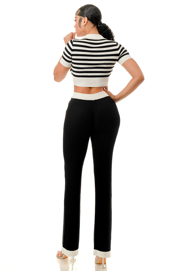 TP1411 - Collared Striped Crop Top and Wide Leg Pants Set