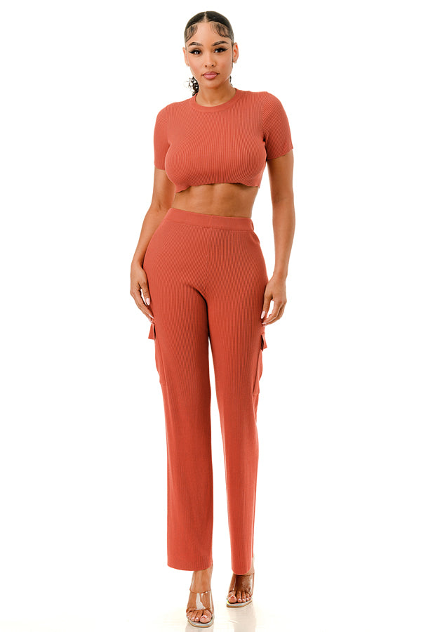 TP1413 - Crop Top and Wide Leg Cargo Pants Set