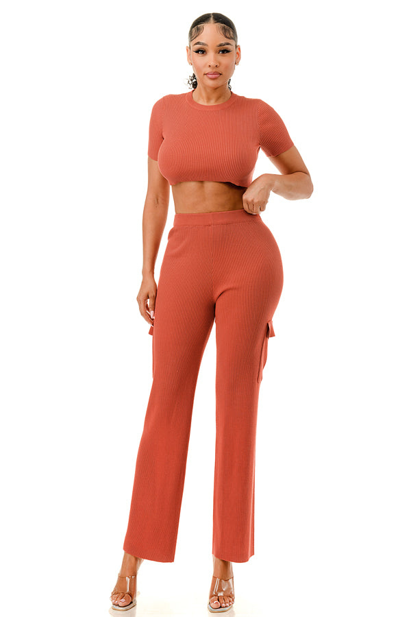 TP1413 - Crop Top and Wide Leg Cargo Pants Set