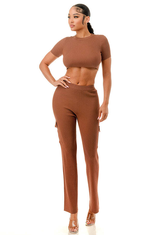 TP1413 - Crop Top and Wide Leg Cargo Pants Set