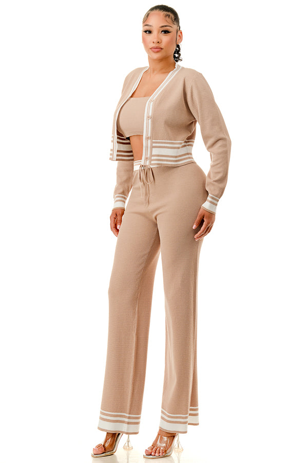 TP1418 - Cardigan with Inner Tank and Wide Leg Pants Set