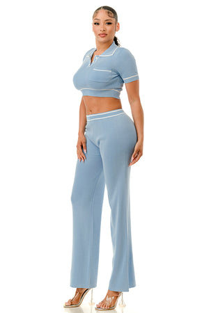 TP1430 - Collared Crop Top and Wide Leg Pants Set