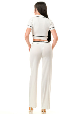 TP1430 - Collared Crop Top and Wide Leg Pants Set