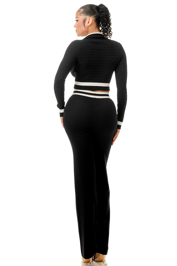 TP1433 - Cable Knit Pattern Top And Wide Leg Pants Set