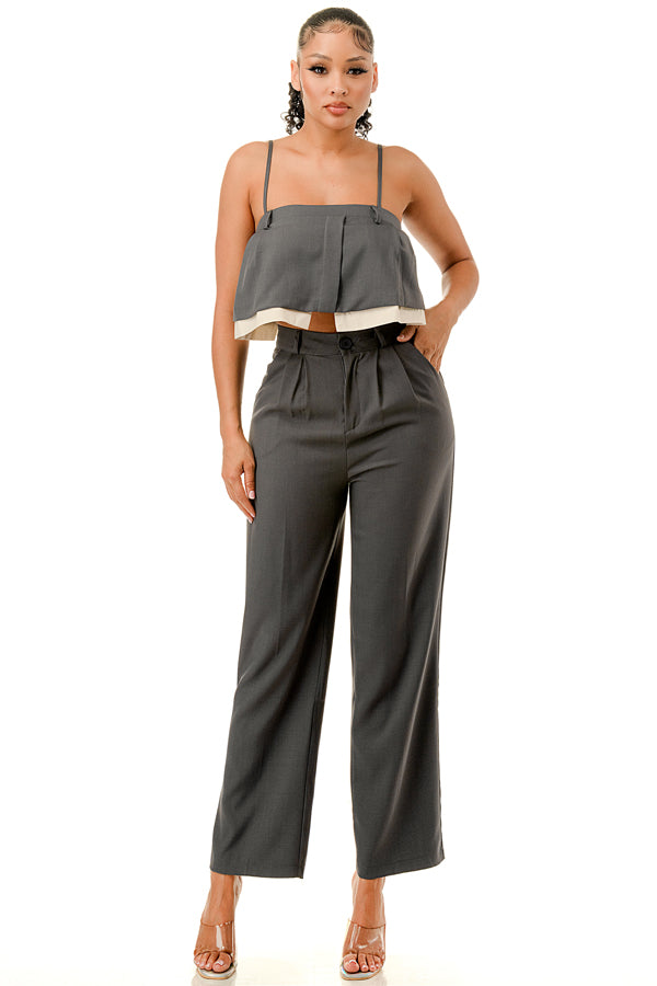 TP1449 - Ruffle Crop Top and Wide Leg Trousers Set