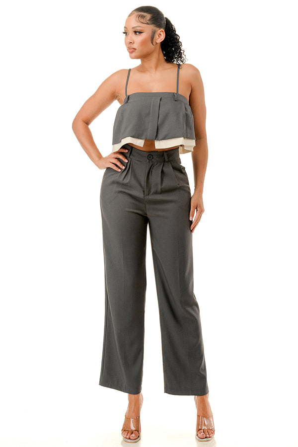 TP1449 - Ruffle Crop Top and Wide Leg Trousers Set