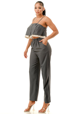 TP1449 - Ruffle Crop Top and Wide Leg Trousers Set