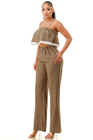 TP1449 - Ruffle Crop Top and Wide Leg Trousers Set