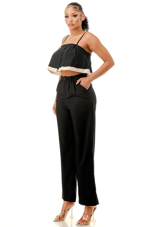 TP1449 - Ruffle Crop Top and Wide Leg Trousers Set