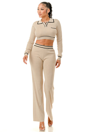 TP1454 - Long Sleeve Collared Top and Wide Leg Pants Set