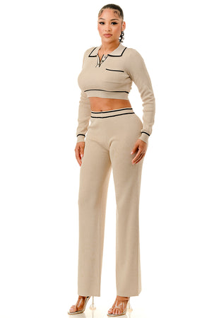 TP1454 - Long Sleeve Collared Top and Wide Leg Pants Set