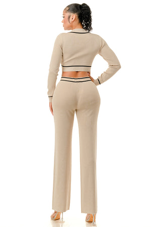 TP1454 - Long Sleeve Collared Top and Wide Leg Pants Set