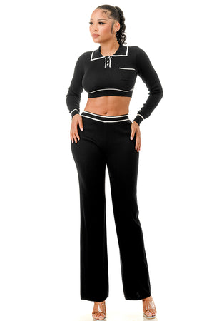 TP1454 - Long Sleeve Collared Top and Wide Leg Pants Set