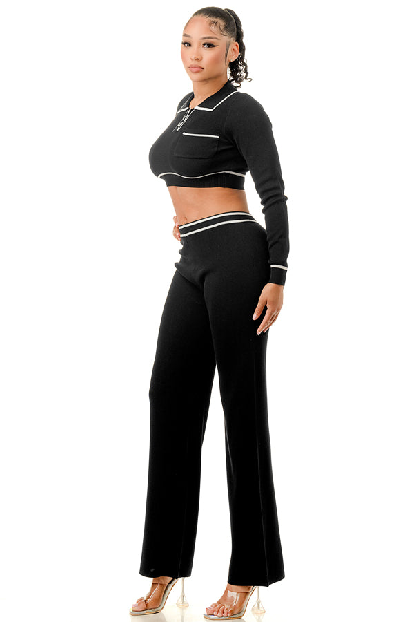 TP1454 - Long Sleeve Collared Top and Wide Leg Pants Set