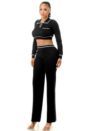 TP1454 - Long Sleeve Collared Top and Wide Leg Pants Set