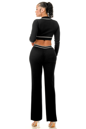 TP1454 - Long Sleeve Collared Top and Wide Leg Pants Set