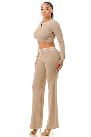 TP1454 - Long Sleeve Collared Top and Wide Leg Pants Set