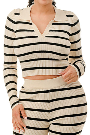 TP1487 Striped V Front Top and Wide Leg Pants Set