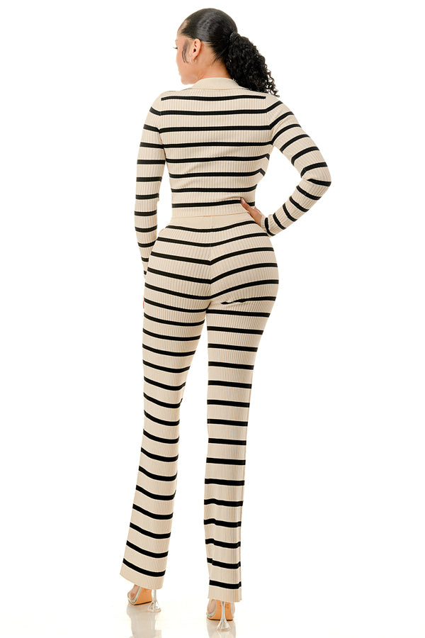 TP1487 Striped V Front Top and Wide Leg Pants Set