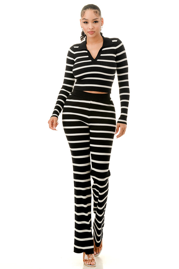 TP1487 Striped V Front Top and Wide Leg Pants Set