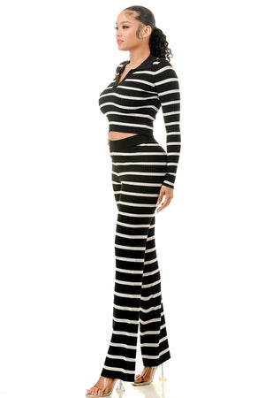 TP1487 Striped V Front Top and Wide Leg Pants Set