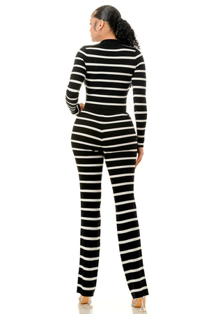 TP1487 Striped V Front Top and Wide Leg Pants Set