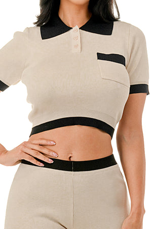 TP1491 - Collared Button Up Crop with Wide Leg Pants Set