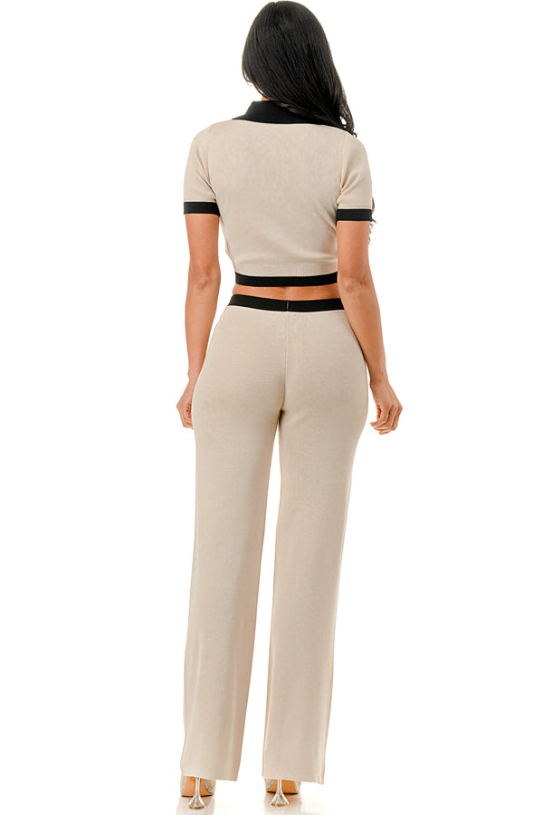 TP1491 - Collared Button Up Crop with Wide Leg Pants Set