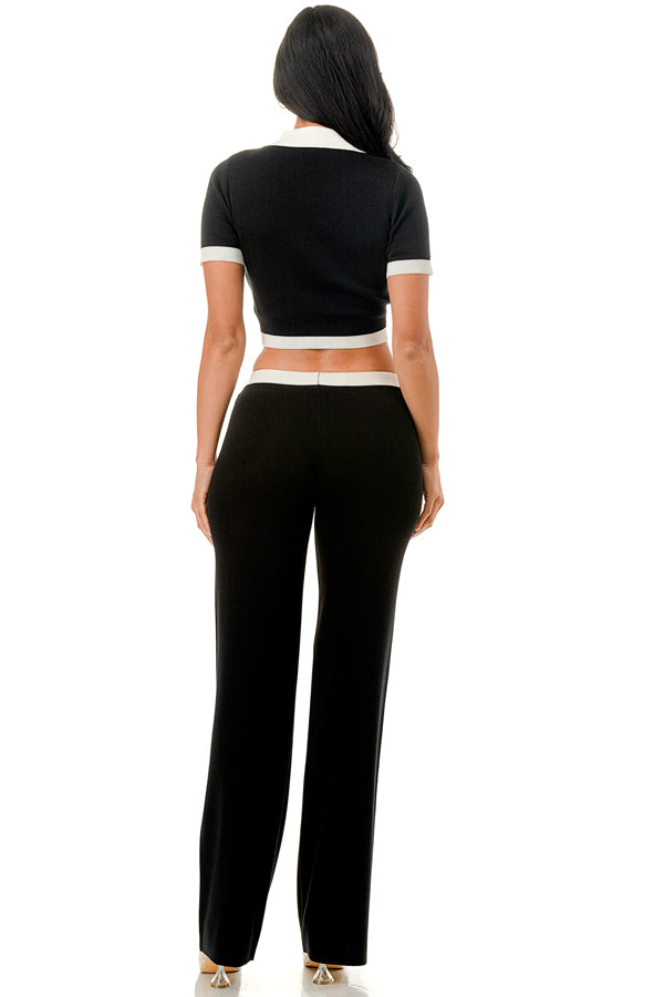 TP1491 - Collared Button Up Crop with Wide Leg Pants Set