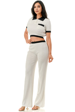 TP1491 - Collared Button Up Crop with Wide Leg Pants Set