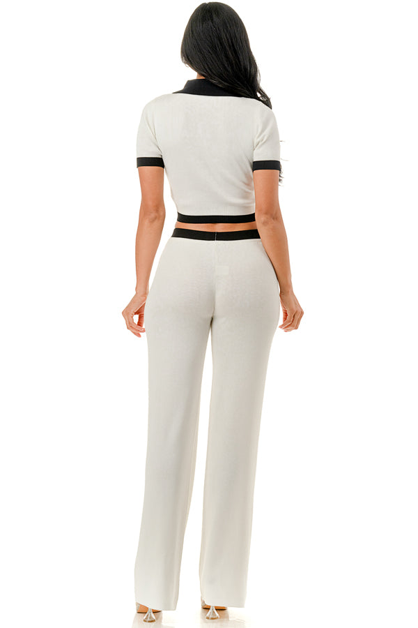 TP1491 - Collared Button Up Crop with Wide Leg Pants Set