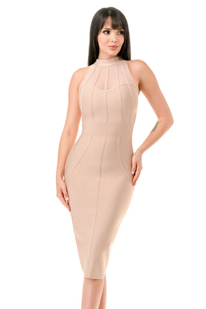 TS-528-Bandage Midi Dress with Front Mesh Contrast