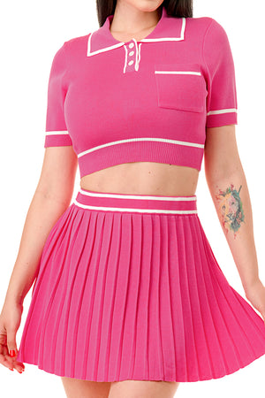 TS-574-Color Contrast Crop Top and Mini Tennis Skirt Set