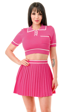 TS-574-Color Contrast Crop Top and Mini Tennis Skirt Set