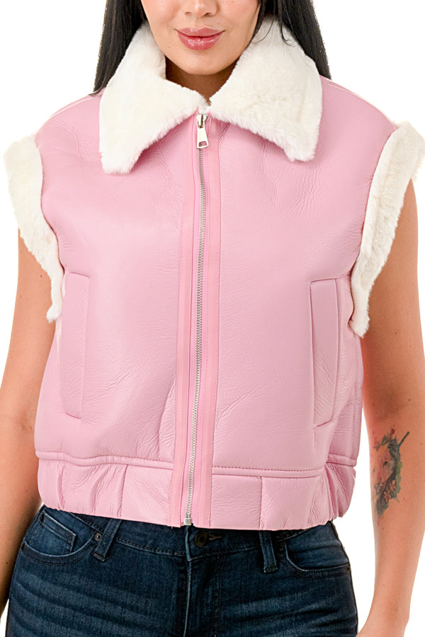 TS662 Sleeveless Collared Cropped Leather Vest