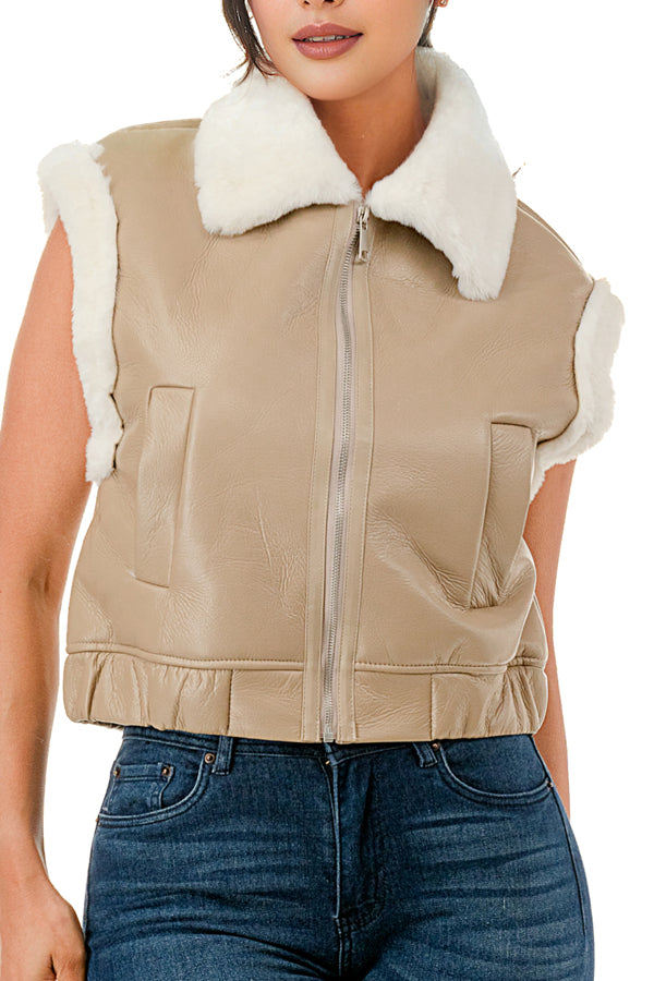 TS662 Sleeveless Collared Cropped Leather Vest