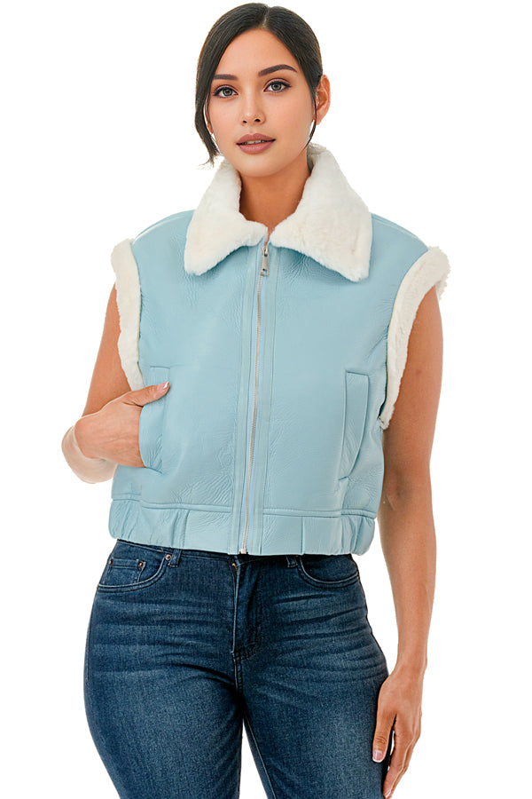 TS662 Sleeveless Collared Cropped Leather Vest