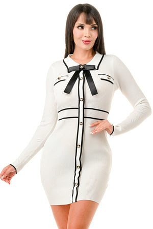 TS-664 - Collared Rib Knit Mini Dress with Bow Trim