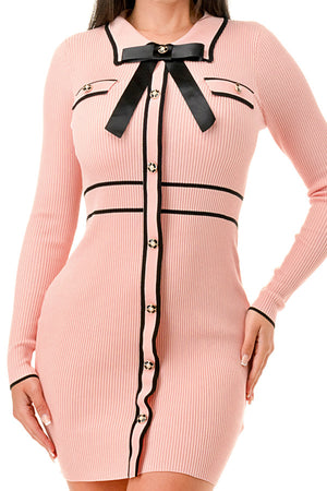 TS-664 - Collared Rib Knit Mini Dress with Bow Trim