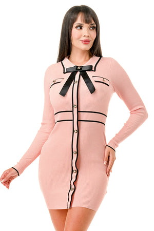 TS-664 - Collared Rib Knit Mini Dress with Bow Trim